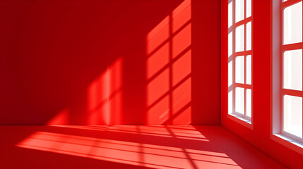 Obraz premium Empty room with window and sunlight rendering Red background,Abstract coral studio background for product presentation,abstract red background with shadows of window,Red room with window and pink