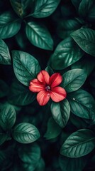 A vibrant red flower amidst lush green leaves, showcasing nature's beauty.