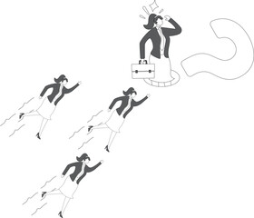 Competition in profession or business, competition for the best employees, competition for candidates, businesswomen leaping and flying towards unknown candidates