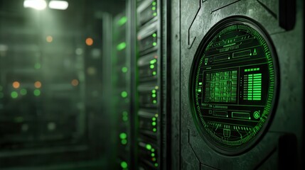 Information technology integrates cybersecurity. Dark server room with green lighting