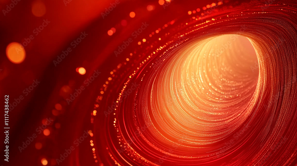 Poster swirling red patterns create a mesmerizing tunnel effect with glowing light at the end