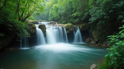 Tranquil Waterfall Surrounded by Lush Greenery