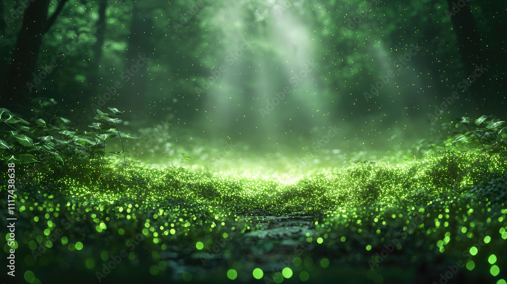 Aufkleber a serene forest scene illuminated by soft, glowing light filtering through green foliage.