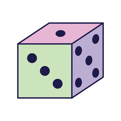 Colorful dice cube for playing on white background. Retro illustration with outline in 90s style. Isolated vector illustration.