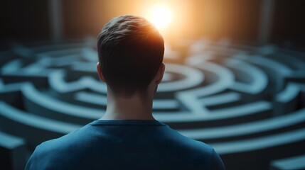 Man facing a complex maze, seeking a solution.
