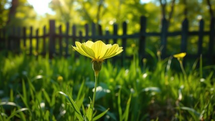 Obraz premium A lone yellow flower blooms in a field of green, bathed in the golden light of a summer afternoon, with a wooden fence blurring into the background.