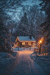 Fototapeta premium A snowy Christmas night with a house lit up by festive lights. A warm glow shines through the windows