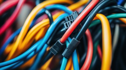 A tangle of colorful wires and cables, showcasing connectivity and technology.