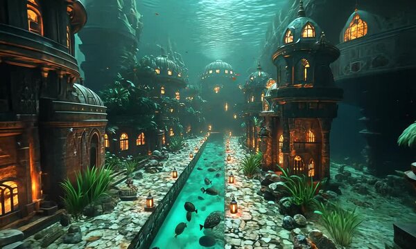 An underwater city with illuminated structures and a serene canal, teeming with fish.
