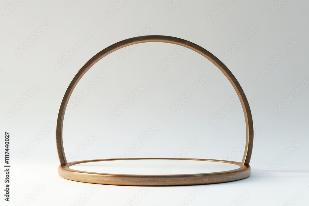 Poster a minimalist circular structure with a base and an arch, suggesting design or display purpose.