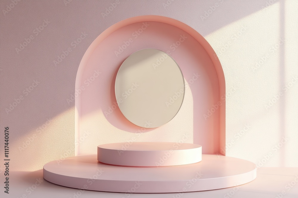 Poster a minimalist display featuring a circular mirror on a soft pink backdrop.