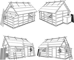 Vector illustration silhouette sketch of old wooden house building design classic vintage ethnic traditional rural