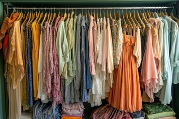 A colorful assortment of clothing hanging in a wardrobe.
