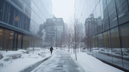 Fototapeta premium A footpath winding between cold, steel-glass buildings, barren trees, and a frozen, quiet environment.