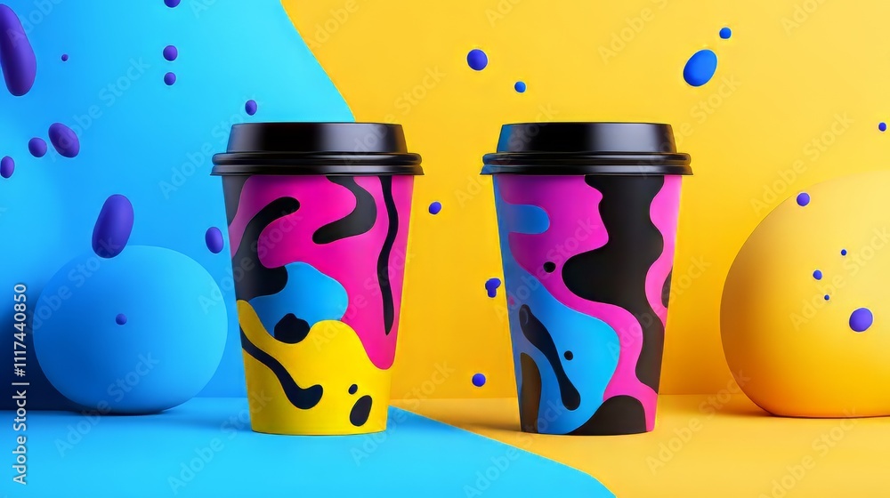 Poster colorful takeaway coffee cup mockup with abstract pattern. dynamic and playful composition. coffeecu