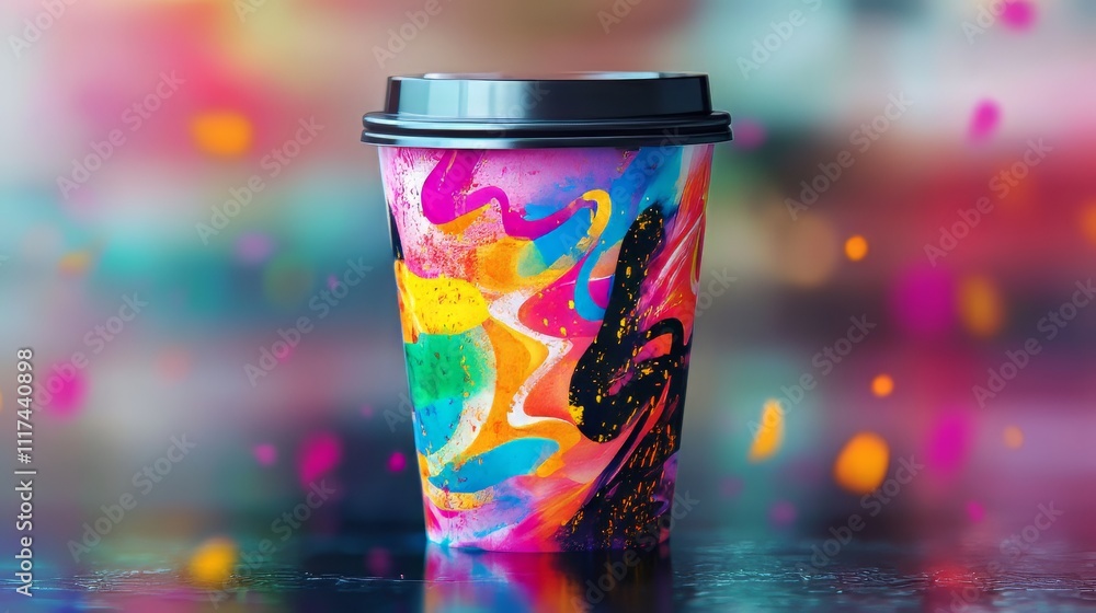 Poster colorful takeaway coffee cup mockup with abstract pattern. dynamic and playful composition. coffeecu