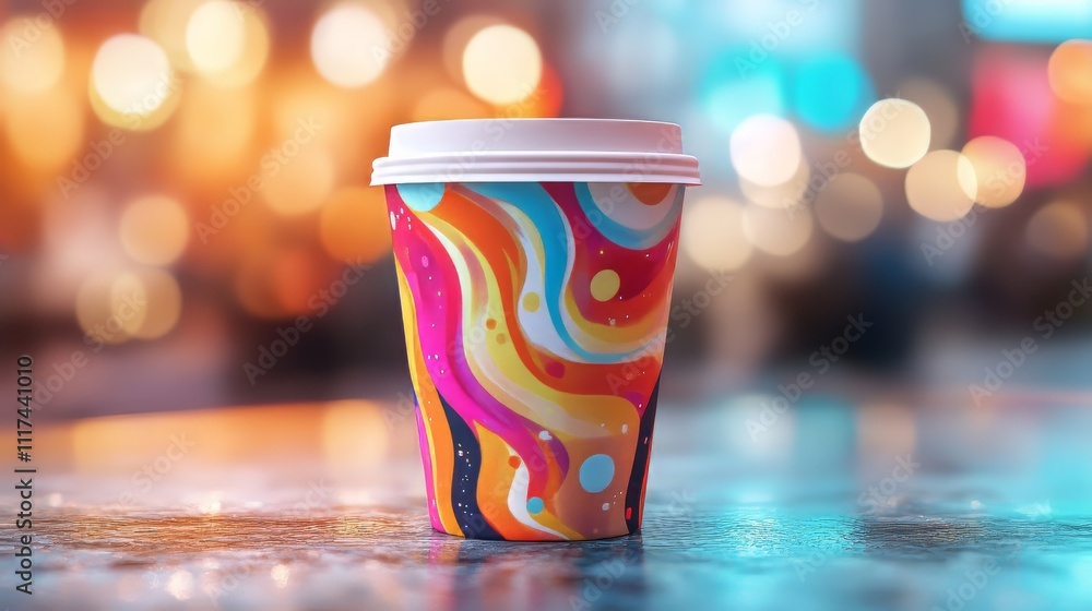 Poster colorful takeaway coffee cup mockup with abstract pattern. dynamic and playful composition. coffeecu