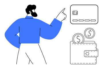 Man pointing at a wallet with coins and a credit card. Ideal for financial services, banking, budgeting, saving, investing, fintech, and online transactions. Line metaphor