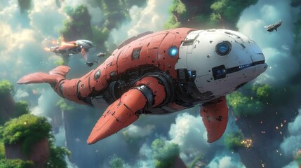 Naklejka premium Mechanical Whale in a Fantasy Landscape