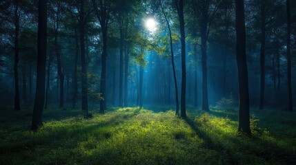 Fototapeta premium A peaceful forest at night, illuminated by the soft light of a full moon. The trees cast long shadows