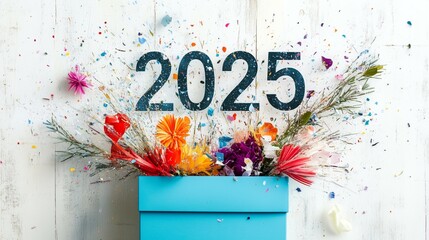 Huge gift box with flowers, New Year's greetings 2025