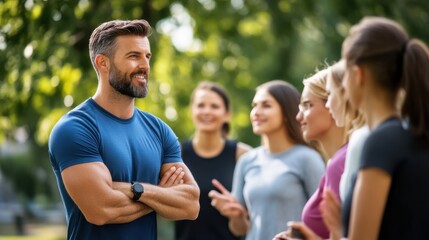 Confident Male Fitness Instructor Engaging with Group of Women in Sunny Outdoor Environment
