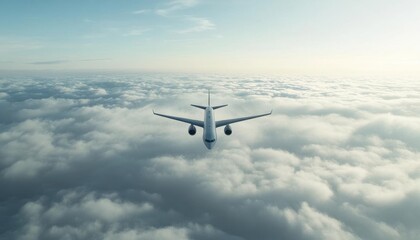 Obraz premium An airplane flying above the clouds in a clear sky.