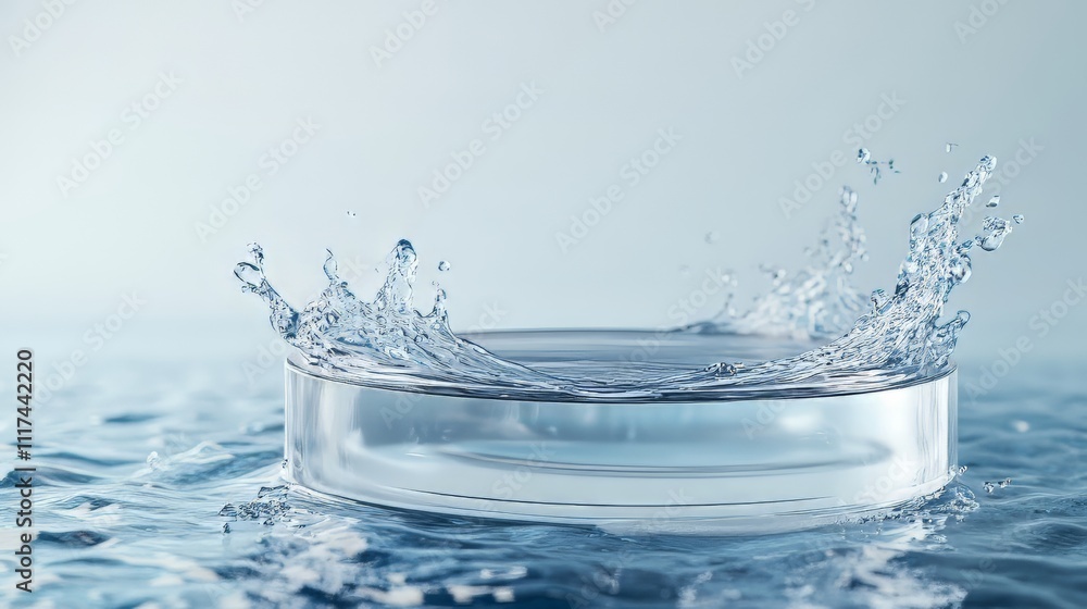 Poster empty circular glass podium placed on clear blue water with splashes in a mockup scene ideal for hig