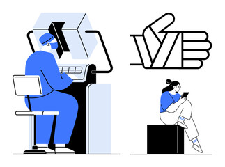 Man operating a computer next to a woman checking her smartphone large thumbs up symbol. Ideal for technology use, office work, remote working, digital communication, social media engagement