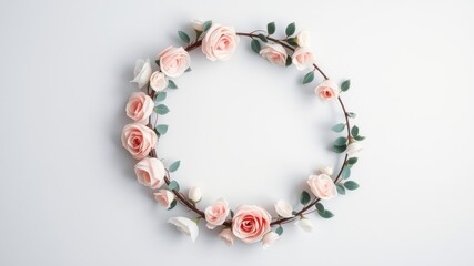 Obraz premium A circular wreath of delicate pink roses and lush green leaves on a white background.