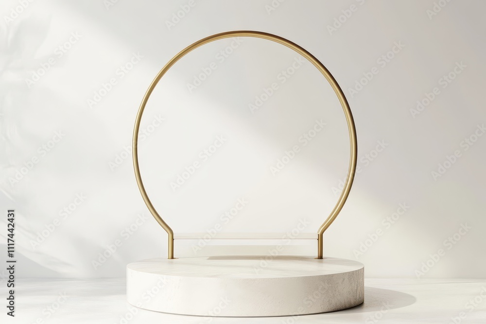 Poster minimalist display featuring a circular frame on a pedestal, ideal for showcasing items.