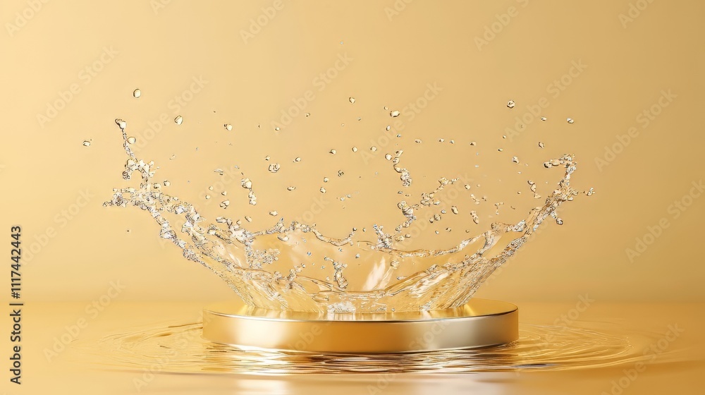 Poster empty gold podium mockup with water splash on a gradient background for product display. product moc