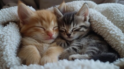 puppy and kitten cuddling together on a soft blanket