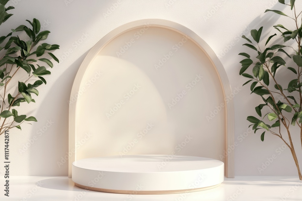 Aufkleber minimalist display setup with an arch and circular platform, ideal for presentations.