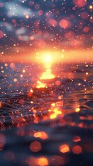 Mesmerizing sunset reflection over tranquil ocean waves gently lapping the shoreline on a scenic beach creating a serene peaceful and atmospheric natural landscape