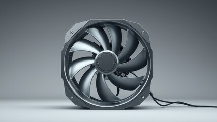 Computer cooling fan with a black metal frame and silver blades on a white background.