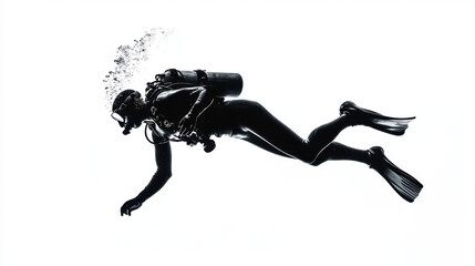Silhouette of a scuba diver in a wetsuit, gracefully swimming underwater with bubbles rising, set against a stark white background, creating a dramatic effect.