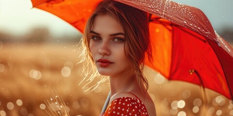 Woman holding a red umbrella, gazing into the windy autumn countryside with fall colors. She is wearing a pink polka dot blouse and the golden wheat creates bokeh effects in her hair.