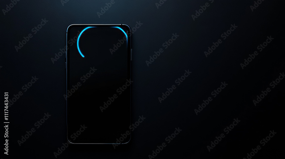 Poster mockup of smartphone with black screen and abstract flare trails, circle blue light isolated on blac