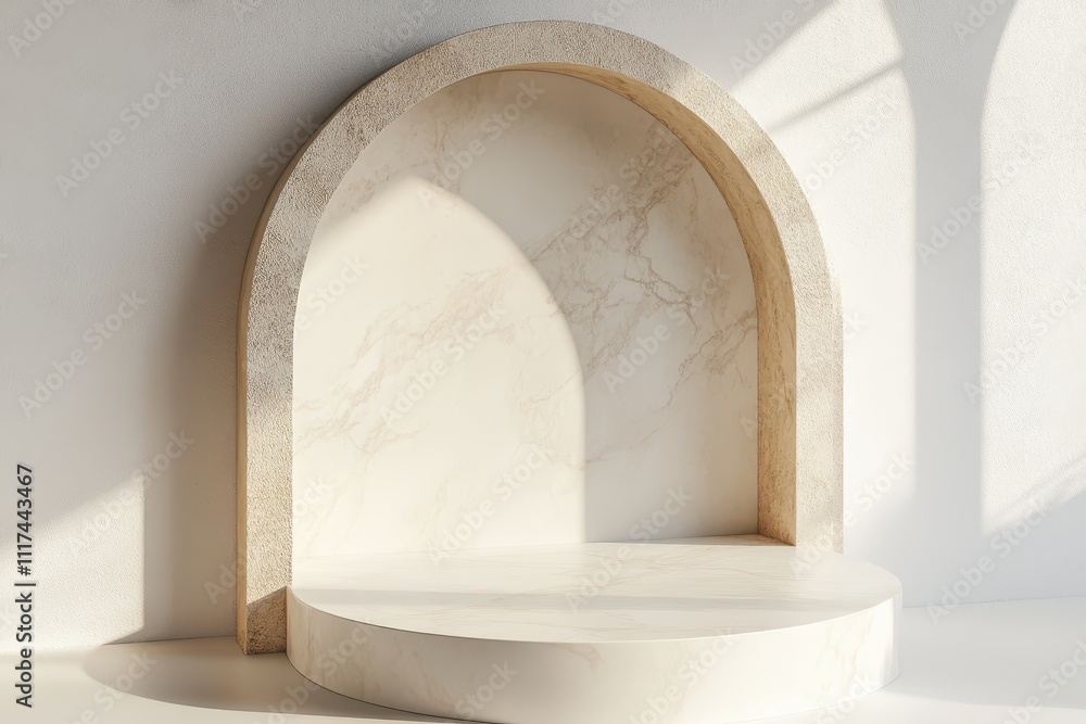 Aufkleber a minimalist archway with a marble backdrop and circular platform, designed for displays.