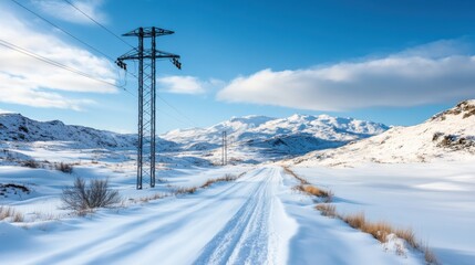 Scenic Winter Landscape with Snowy Path, Power Lines, and Majestic Mountains Under Blue Sky