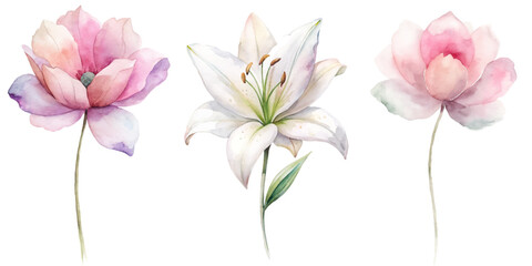 Three flowers are shown in a row, with the middle one being a lily