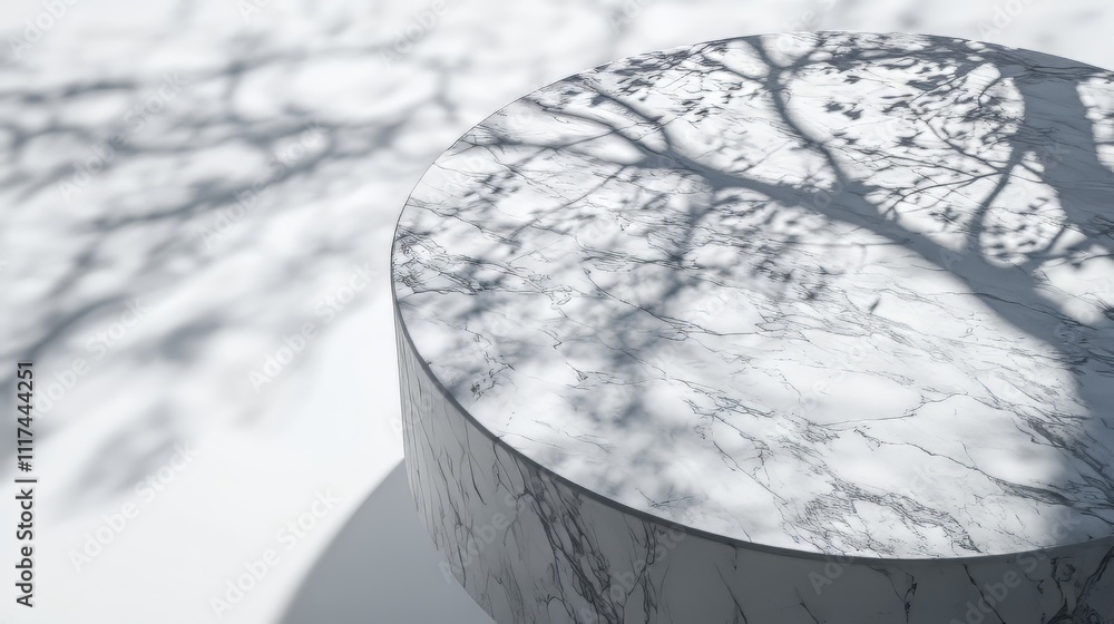 Poster marble table with tree shadow drop on white wall background for mockup product display. product mock