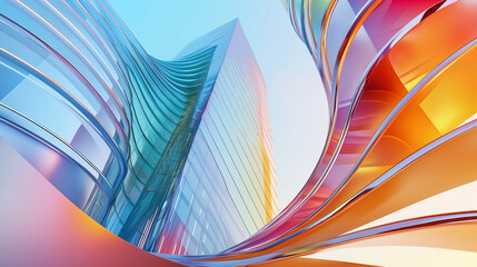 An abstract architectural rendering of a colossus skyscraper with undulating iridescent glass facades, reaching up into the heavens