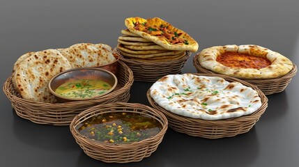 Colorful thalis of Indian cuisine with naan bread, dal, curry sauce and a rice pudding on a table. A feast for the senses.