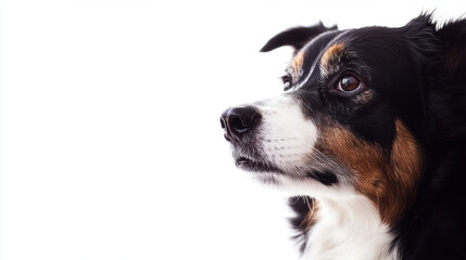 Fototapeta premium Profile of an attentive Tri-color Border Collie dog against a stark white background, showcasing its striking coat and intelligent gaze.