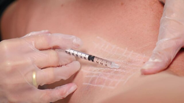 Medical professional wearing latex gloves performing toxin injection with syringe into patient armpit, emphasizing the significance of healthcare and treatment in clinical environment. hyperhidrosis