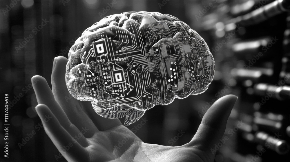Poster circuit board in shape electronic brain with gyrus, symbol ai hanging over hand. symbol of computer 
