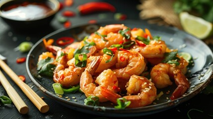 A delectable shrimp dish served on a black plate, garnished with red peppers and herbs.