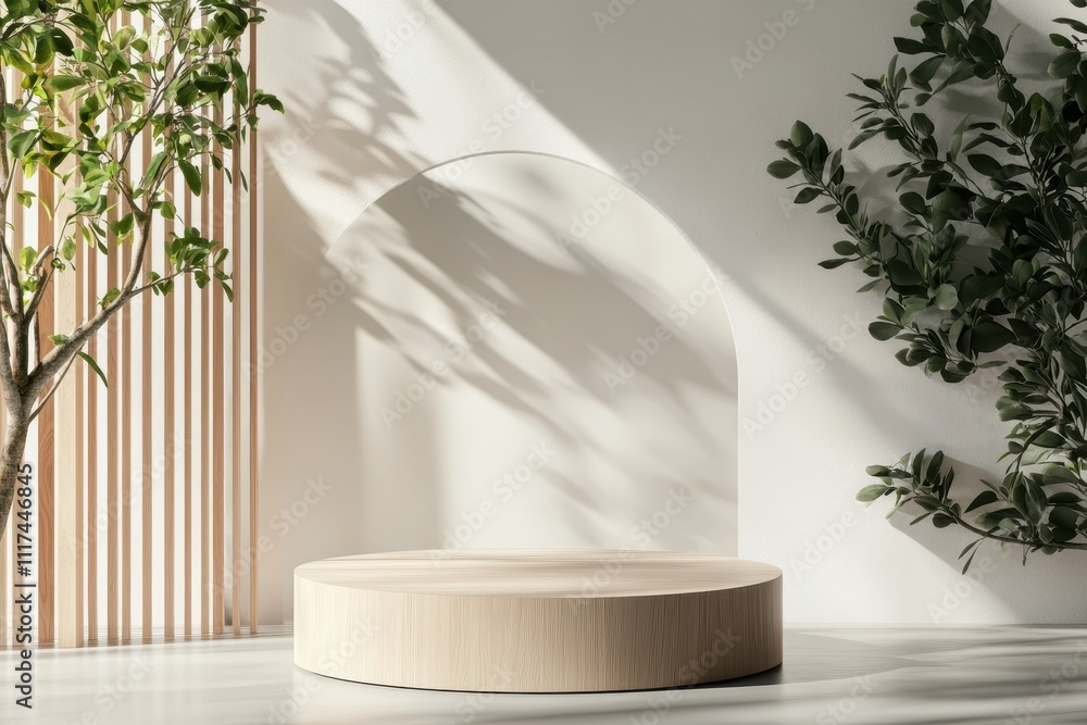Poster minimalist display area with natural elements and soft shadows.